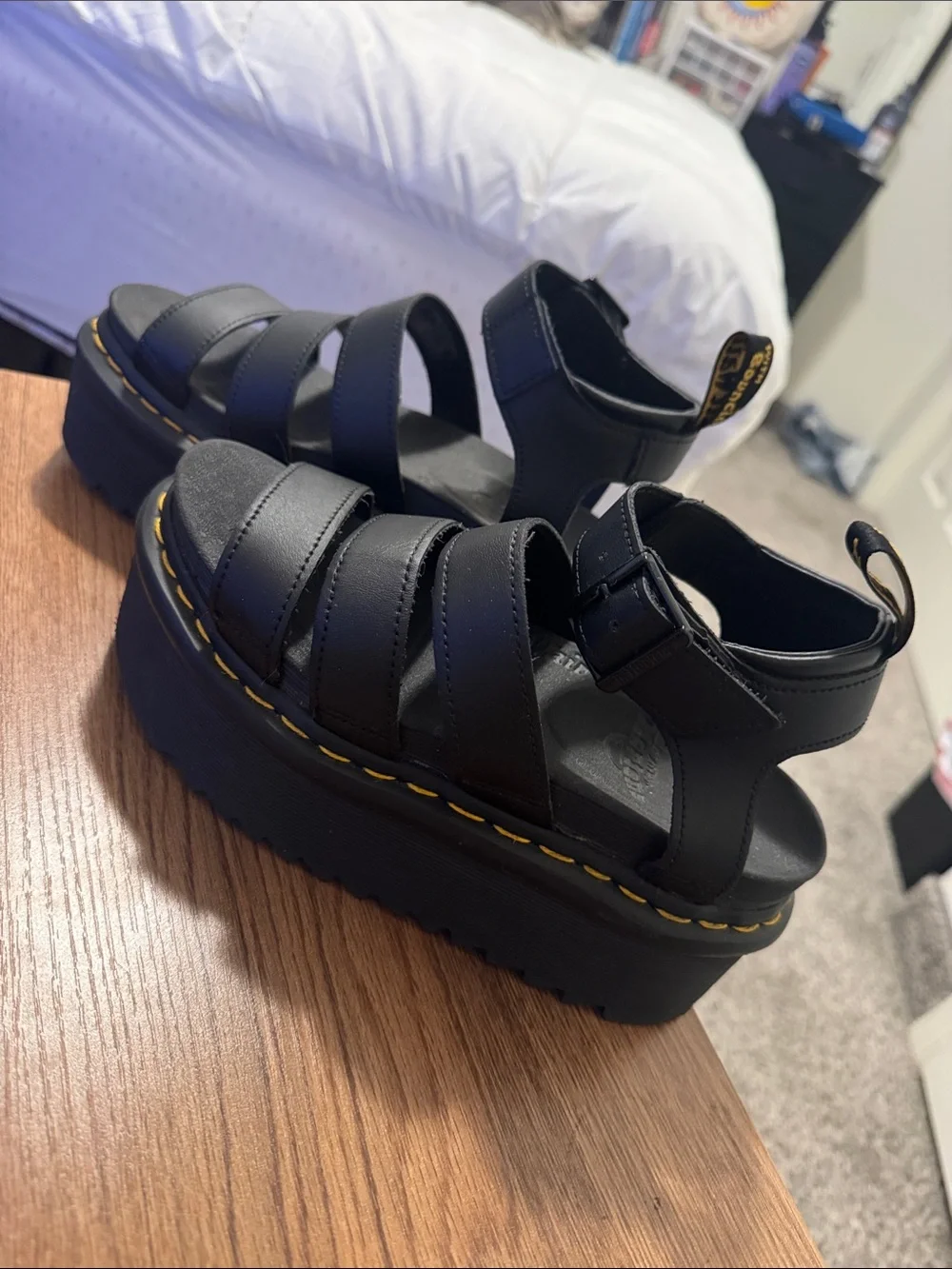 Dr. Martens Blaire Quad Platform Sandals in Black Leather with Yellow Stitch - Picture 3 of 5